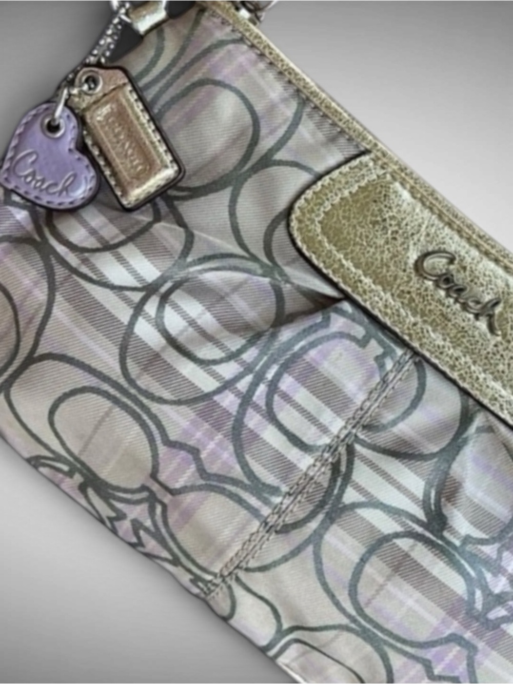 Coach Signature Tartan Plaid Wristlet F47145 Y2K Rare Lavender Gray